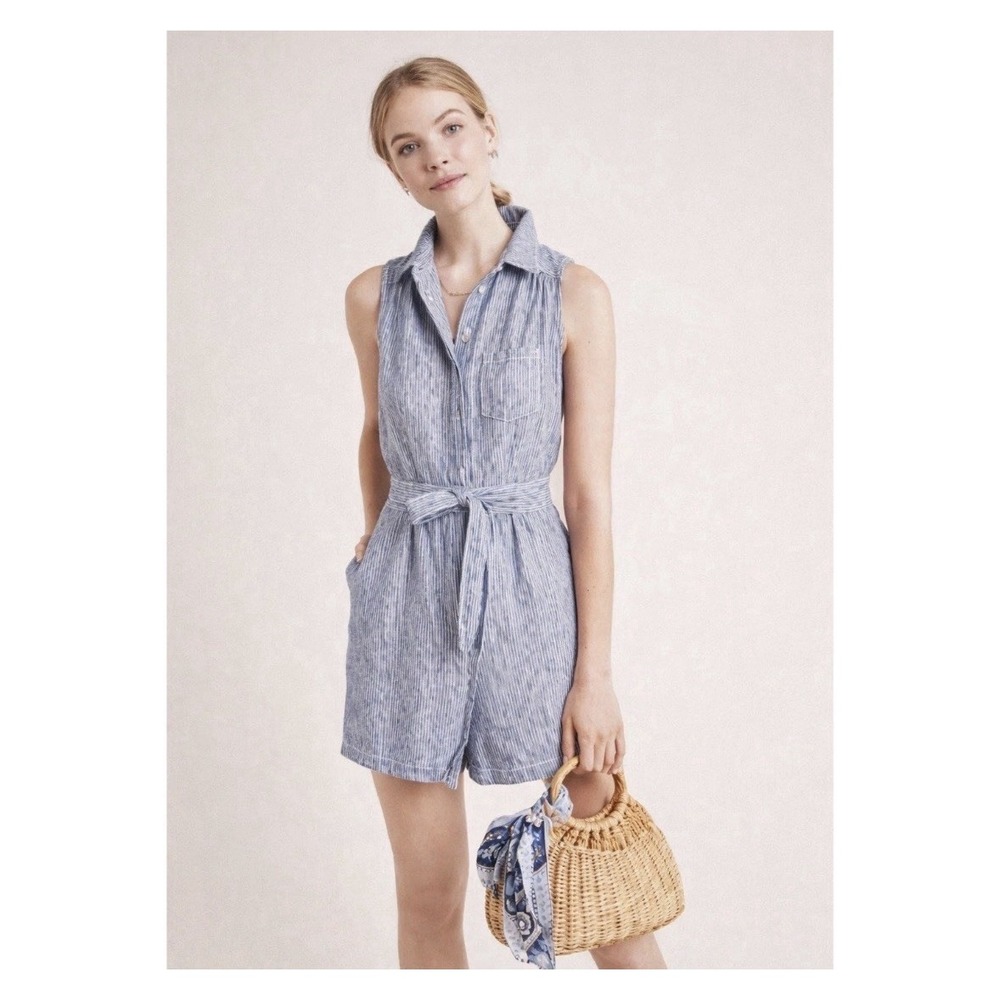 Anthropologie Sleeveless Linen Blend Railroad Stripe Collared Romper Size 8 $130